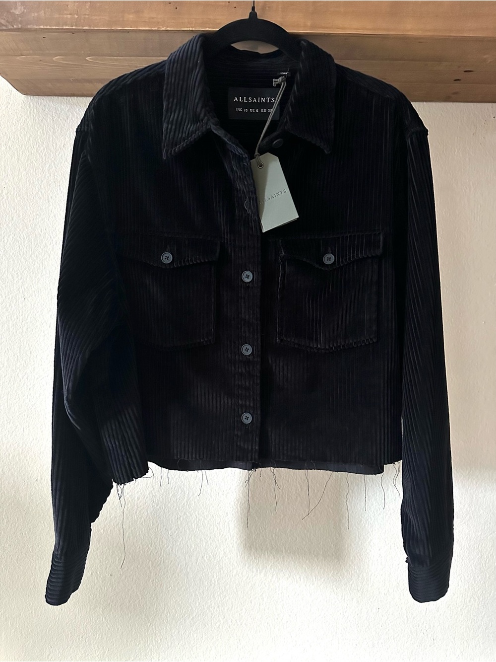 NWT AllSaints Cropped Raw Hem Corduroy Button Down Shirt Jacket, Black, Sz 6